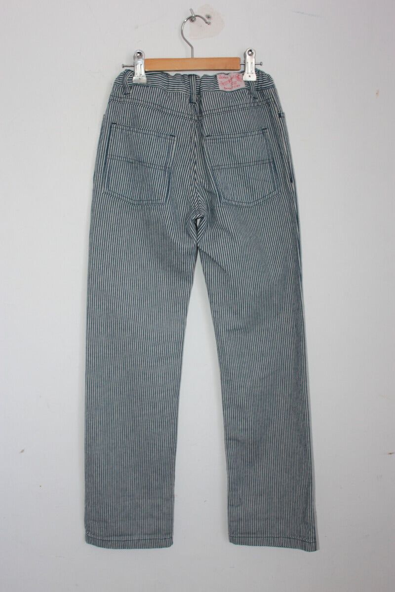 tweedehands unisex katoenen donkerblauw met wit gestreepte lange broek van petit bateau in maat 134-140