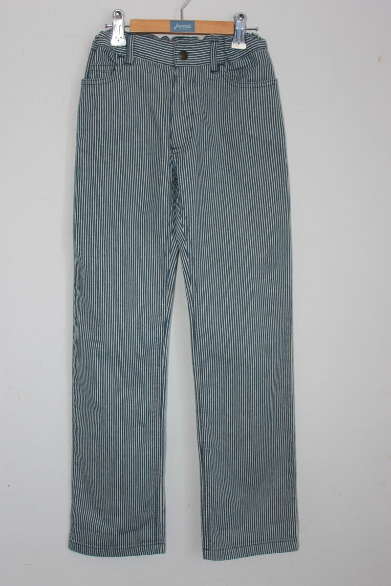 tweedehands unisex katoenen donkerblauw met wit gestreepte lange broek van petit bateau in maat 134-140