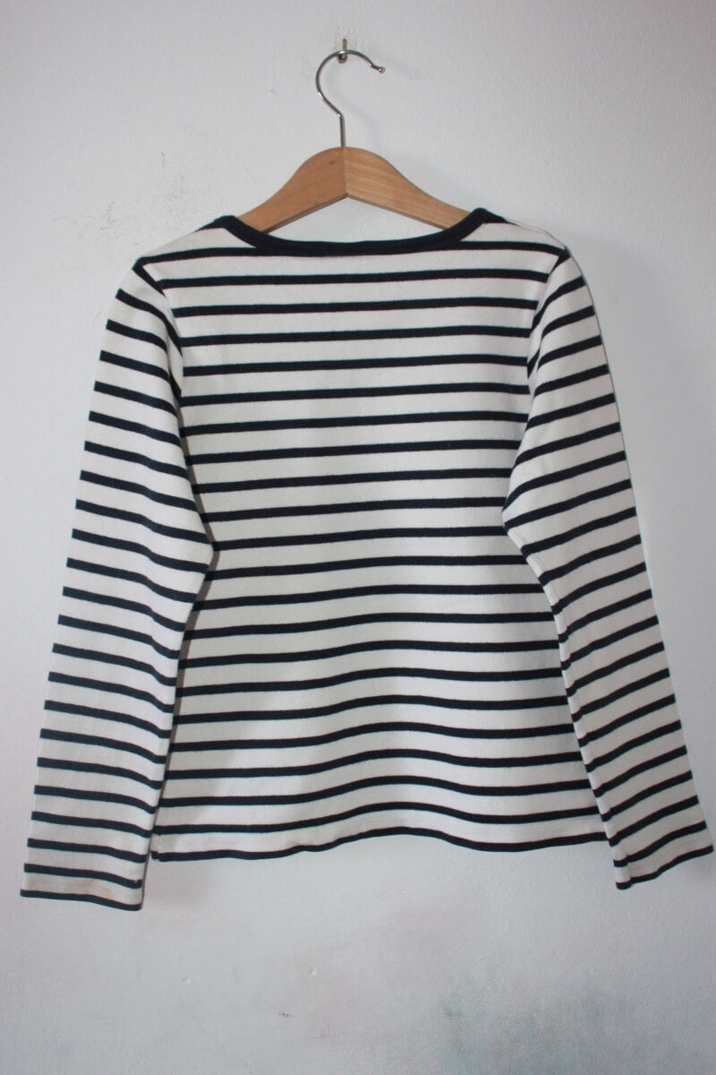 preloved unisex katoenen donkerblauw-ecru gestreepte trui van petit bateau in maat 128-134