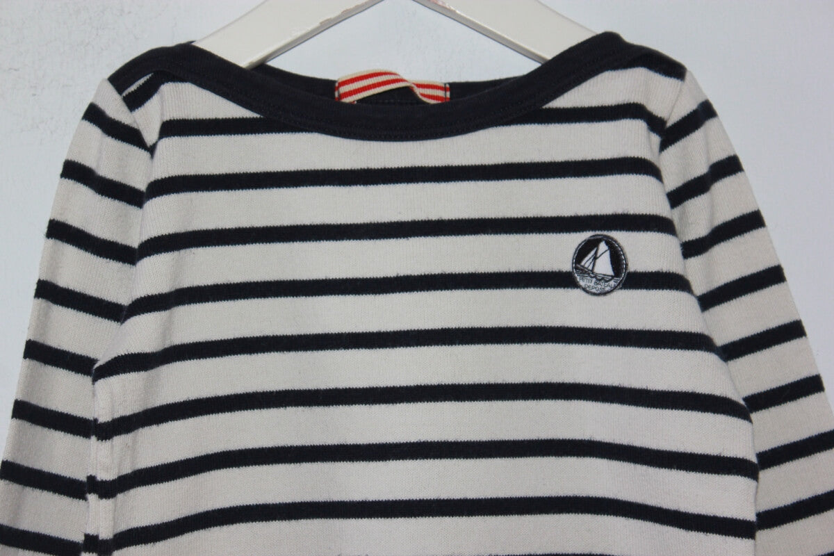 preloved unisex donkerblauw-ecru gestreepte sweater met lange mouwen van petit bateau in maat 92-98