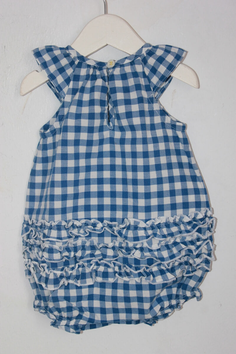 tweedehands katoenen zomerse blauw met wit geruite korte playsuit in maat 62  voor een baby meisje van petit bateau