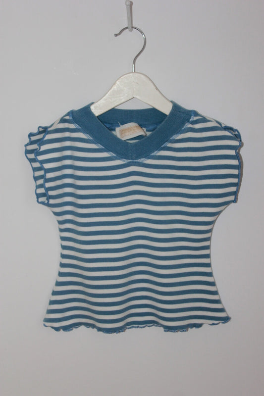 preloved blauw wit gestreept shirtje met korte mouwen voor een meisje in maat 122-128 van i pinco pallino