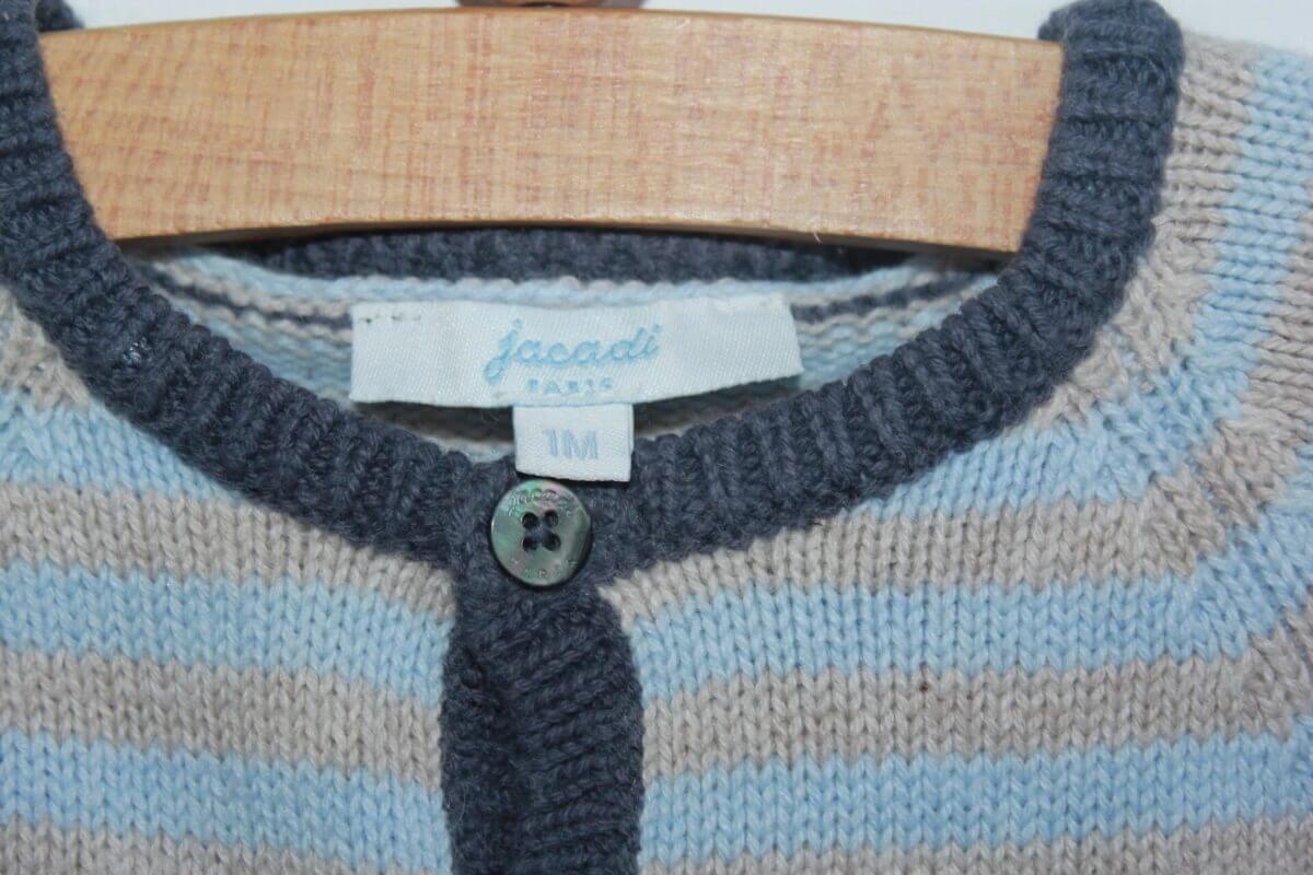 tweedehands unisex katoenen blauw met beige gestreepte playsuit in maat 56 van jacadi voor een baby