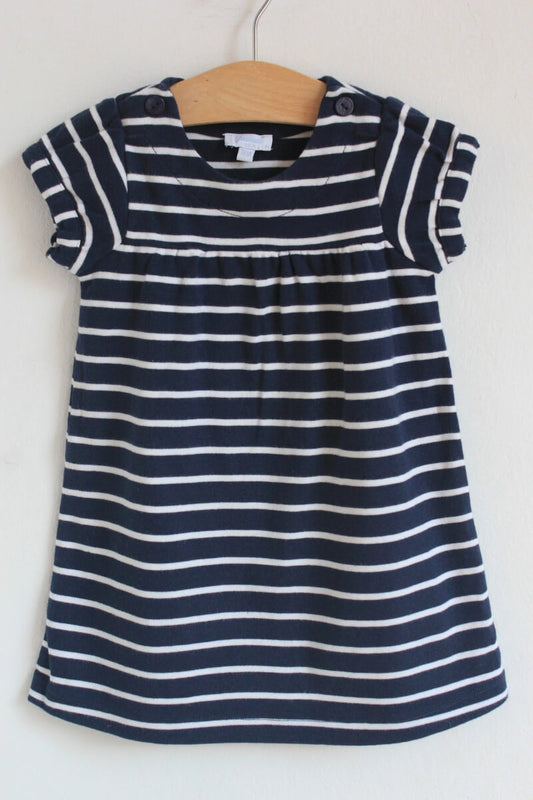 tweedehands katoenen zomerse donkerblauw met wit gestreepte jurk met korte mouwen van jacadi in maat 80