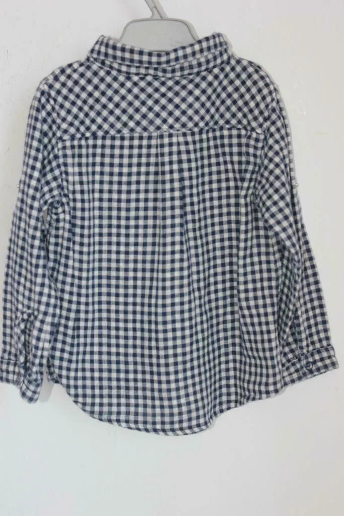 tweedehands katoenen donkerblauw met wit geruit overhemd van petit bateau in maat 110 voor een jongen