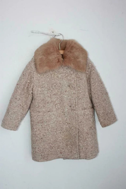tweedehands-beige-gemeleerde-jas-bontkraag-maat-104-meisje-i-pinco-pallino