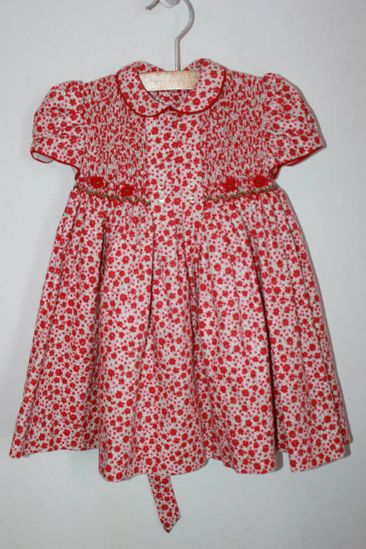 tweedehands-rood-ecru-gebloemde-gesmokte-winterse-jurk-korte-mouwen-maat-74-baby-meisje-el-corte-ingles