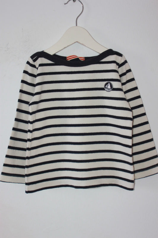 preloved unisex donkerblauw-ecru gestreepte sweater met lange mouwen van petit bateau in maat 92-98
