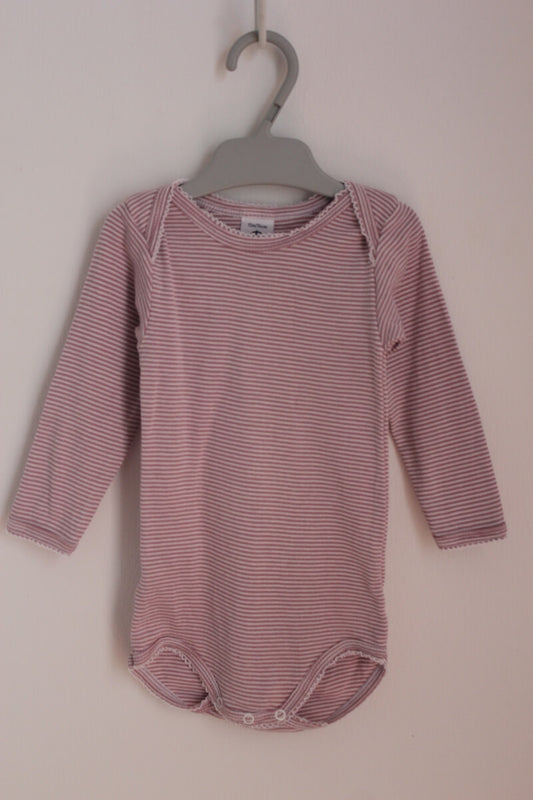 preloved katoenen mauve-wit gestreepte romper met lange mouwen in maat 74 voor een baby meisje van petit bateau