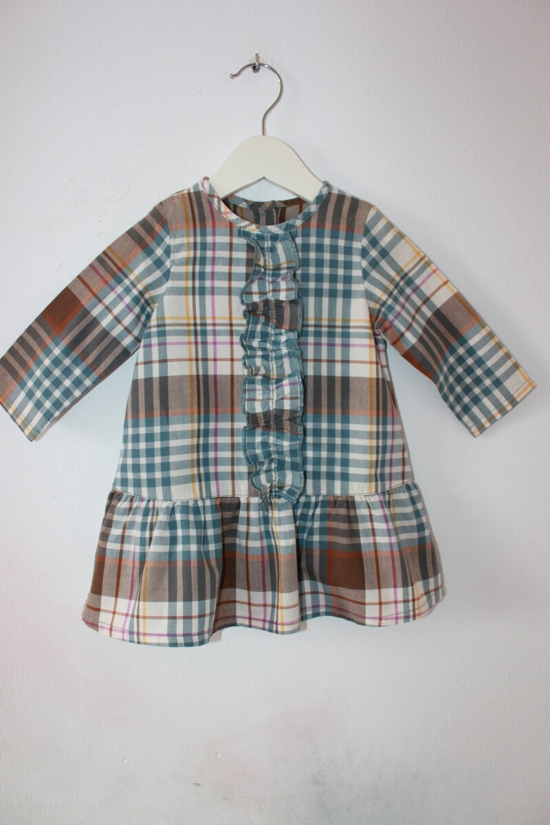 tweedehands katoenen geruite jurk in multicolour met lange mouwen van petit bateau, maat 68