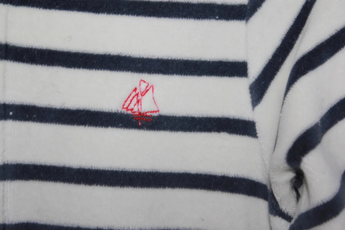 tweedehands unisex ecru met donkerblauw gestreept zacht velours vest van petit bateau in maat 80