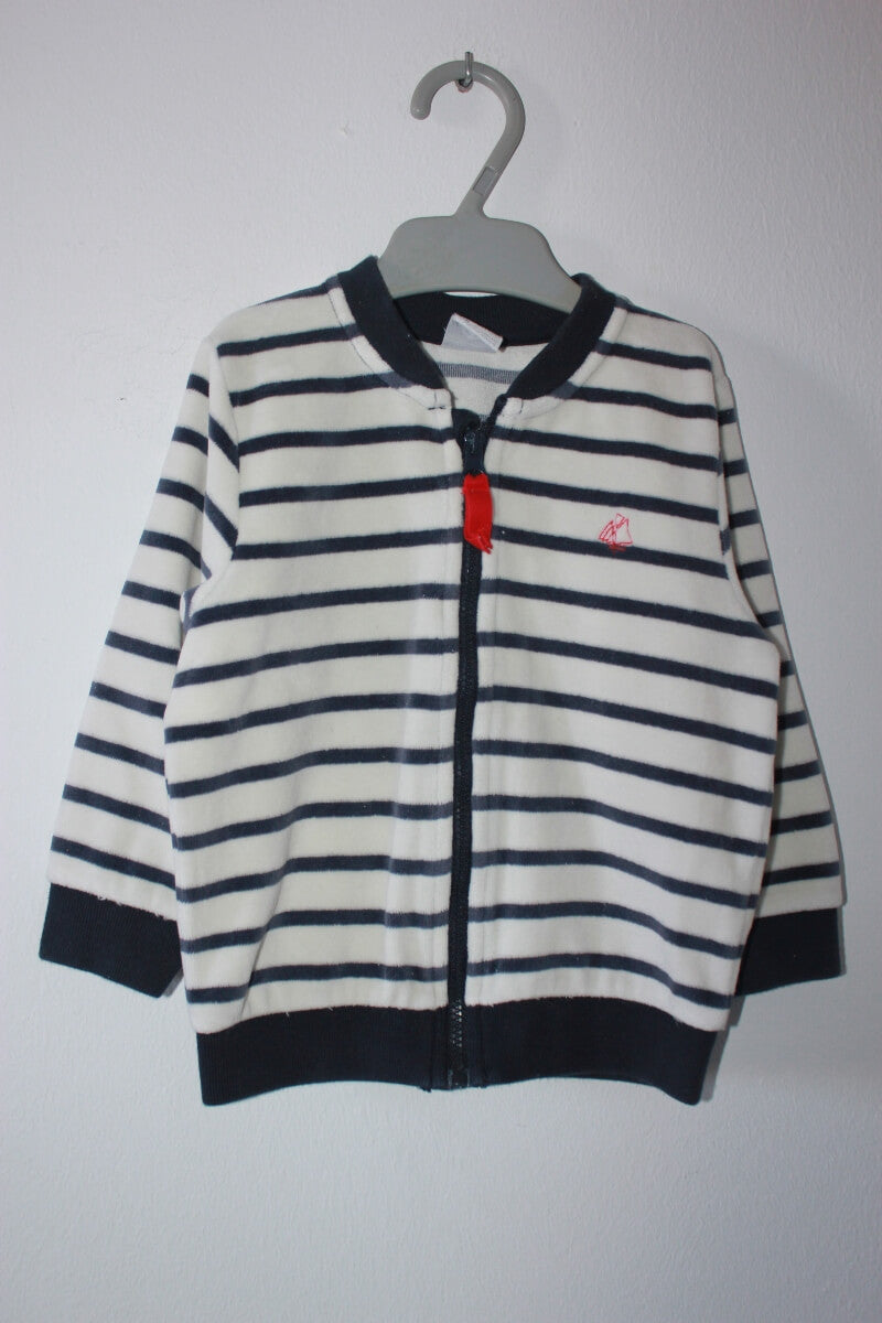 tweedehands unisex ecru met donkerblauw gestreept zacht velours vest van petit bateau in maat 80